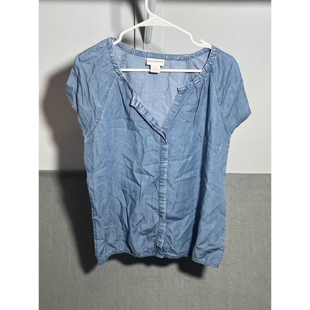 Liz Claiborne Women's Blue Lyocell Chambray Short Sleeve Button Front Blouse Top